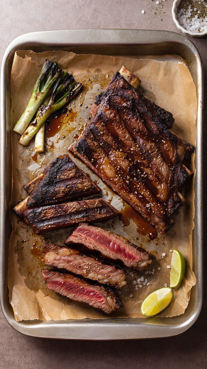 Grilled beef ribs with a charred, glossy crust and slices of steak pink in the centre, laid on baking paper in a metal tray with charred spring onions, lime wedges and coarse salt