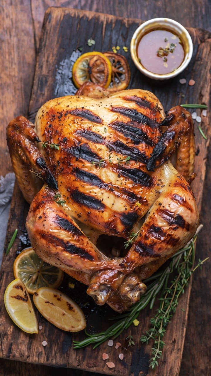 A whole golden grilled chicken with dark grill stripes across the skin, on a wooden board with charred lemon slices, rosemary, thyme and a small dish of sauce