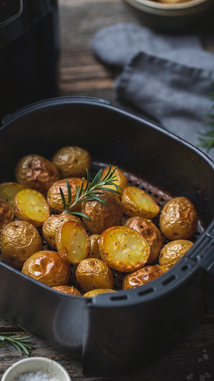 Golden roast new potatoes with a sprig of rosemary, spread in a single layer in a black air fryer basket
