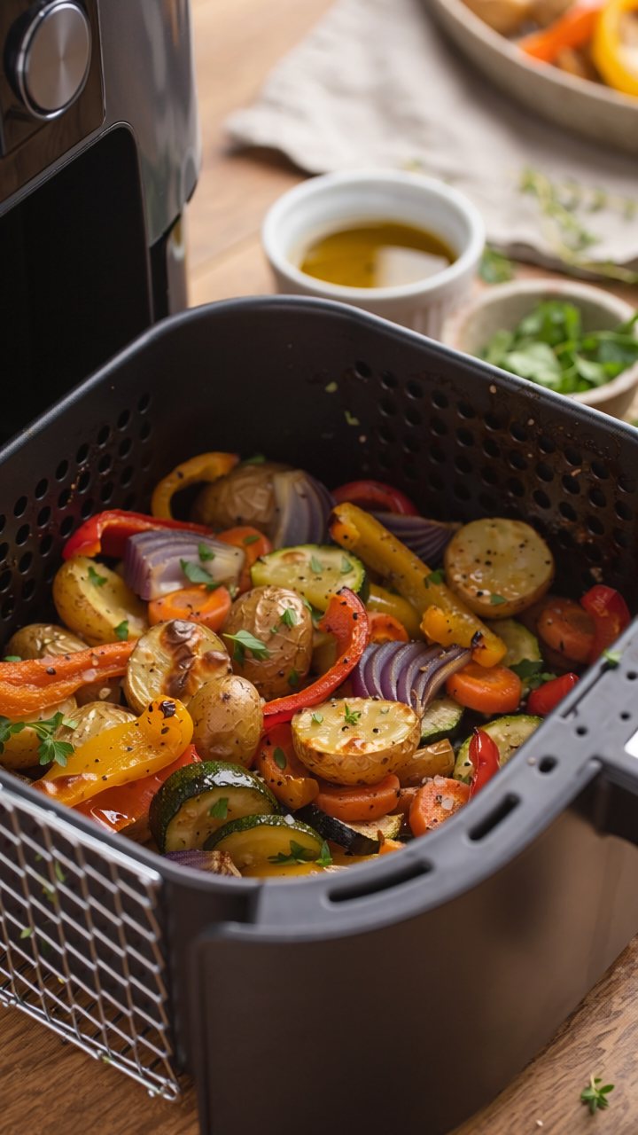 Roasted peppers, courgette, red onion and potatoes in a pulled-out air fryer drawer, with small bowls of oil and herbs behind