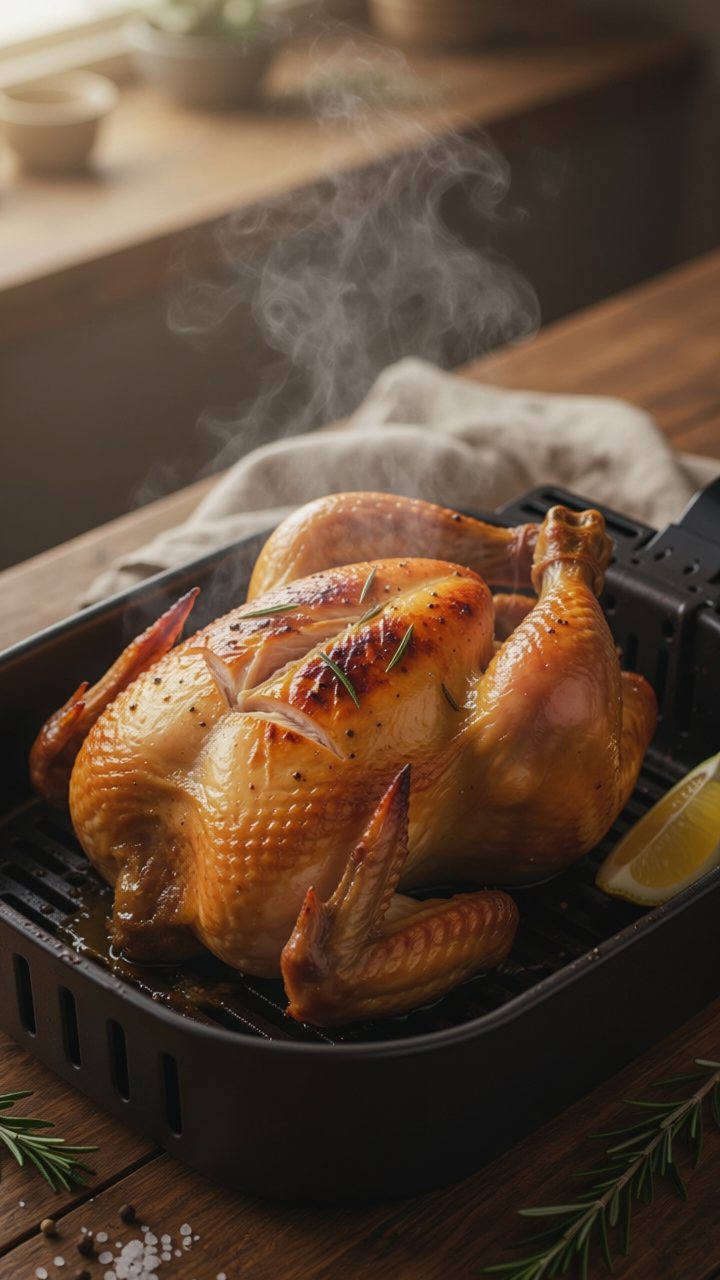 A golden whole roast chicken sitting in a black air fryer basket on a wooden table, with steam rising and a lemon wedge beside it