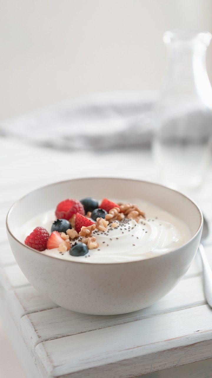 Bowl of thick Greek yogurt topped with raspberries, strawberries, blueberries, chopped walnuts and chia seeds.