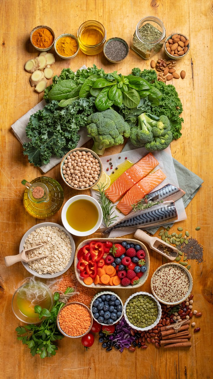 Overhead flat-lay of whole foods on a wooden table: salmon and mackerel fillets, kale, spinach, broccoli, berries, lentils, chickpeas, oats, nuts, seeds and olive oil.