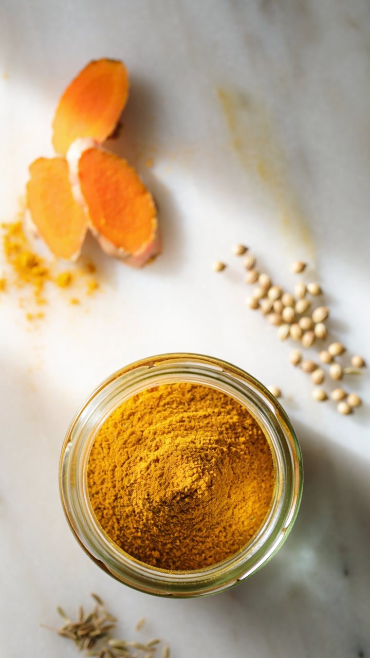 Overhead view of a glass jar of golden turmeric spice mix on white marble, with slices of fresh turmeric, coriander seeds and cumin seeds.