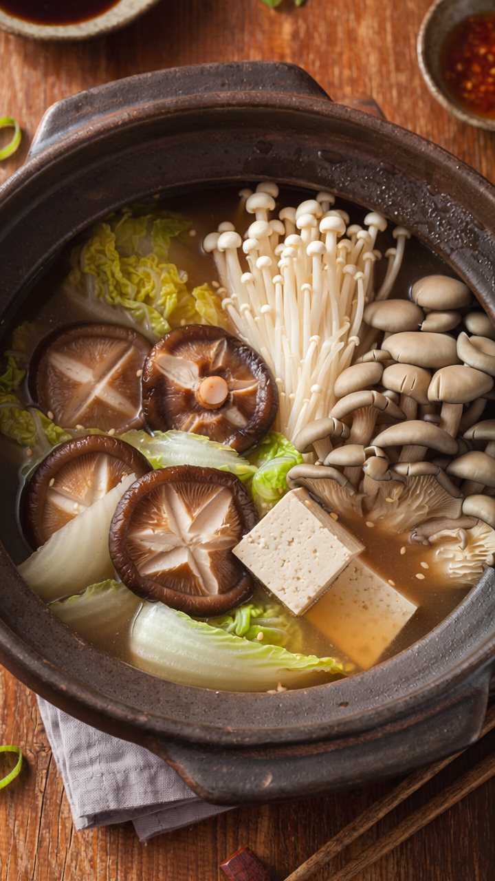 A clay pot of broth filled with shiitake, enoki and oyster mushrooms, napa cabbage and cubes of tofu on a wooden table
