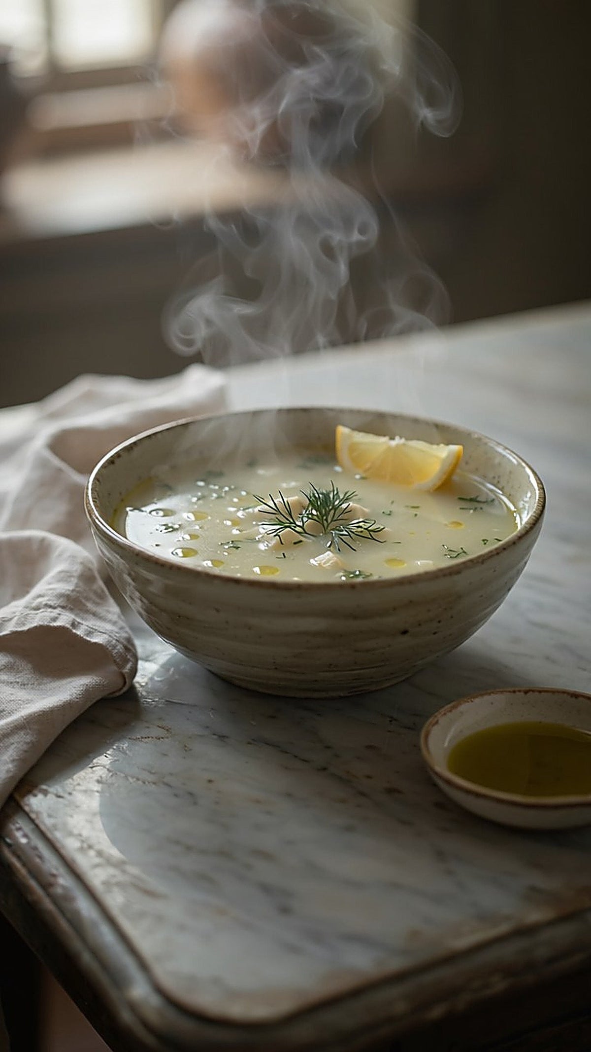 Avgolemono with rice and dill in a pale stoneware bowl, topped with a lemon wedge, on a marble table