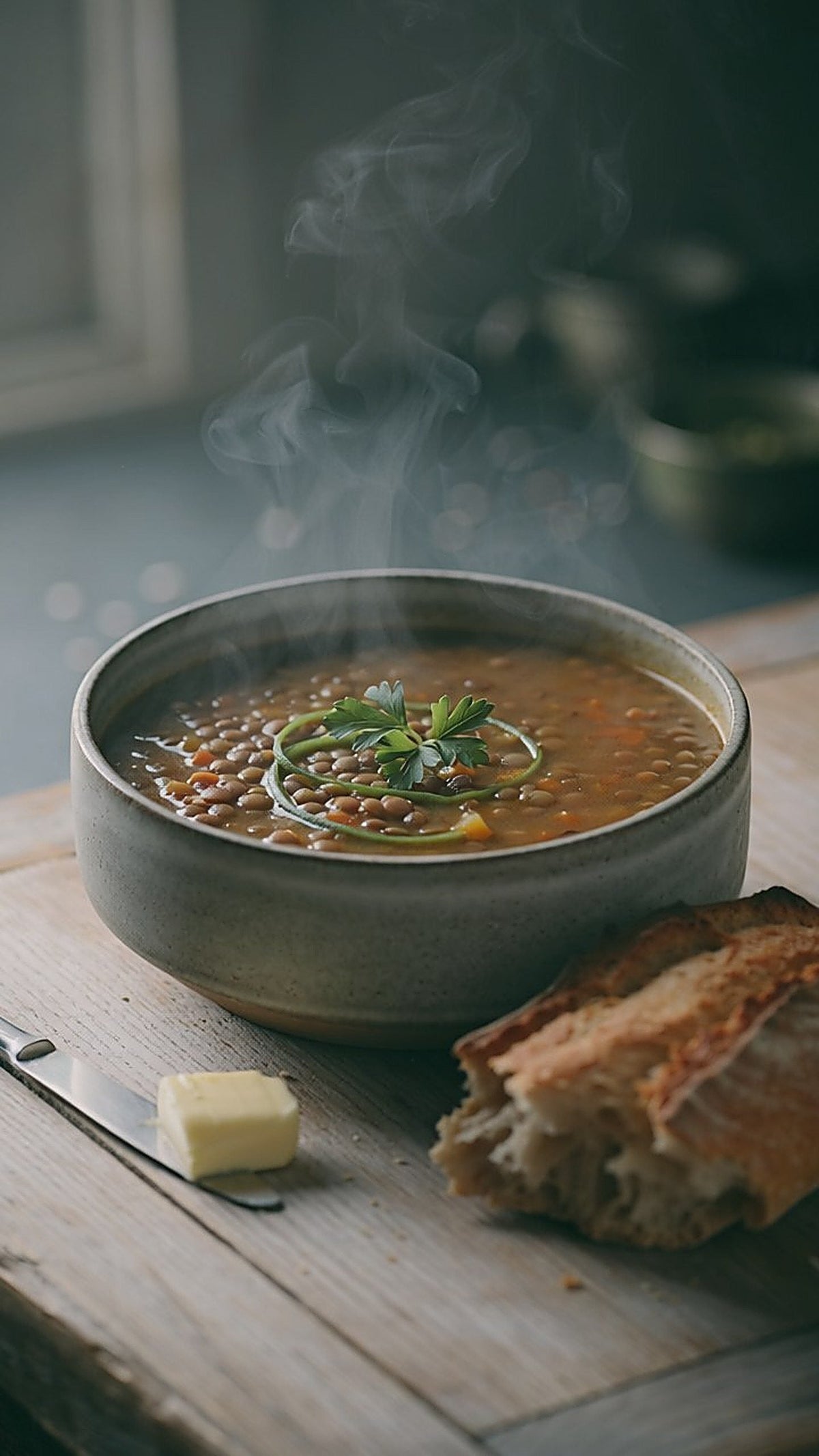 A steaming stoneware bowl of lentil soup with diced carrot, garnished with parsley and spring onion, beside crusty bread and a pat of butter on a knife