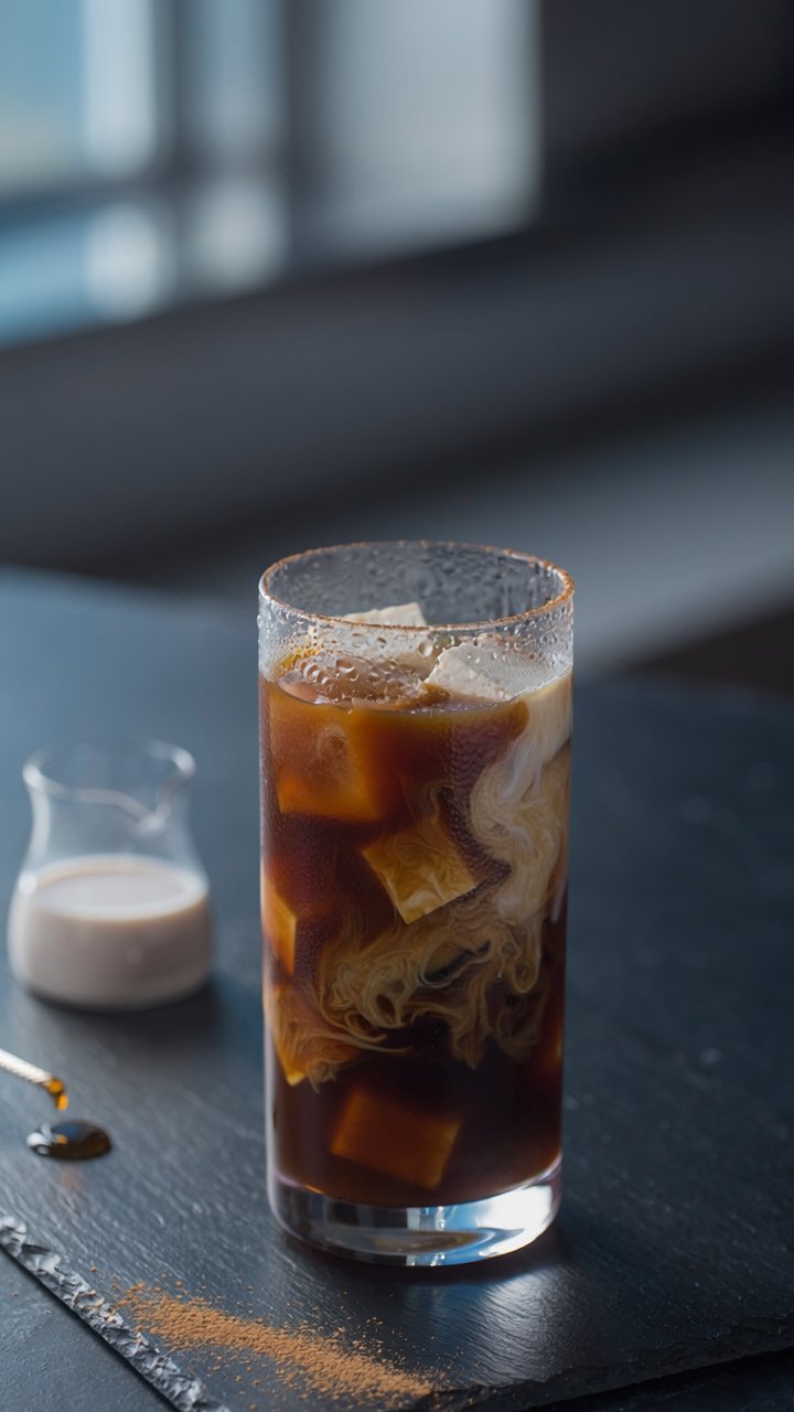 A tall glass of dark iced coffee with milk swirling through the ice cubes on black slate, a small jug of milk and a spoon dripping syrup beside it