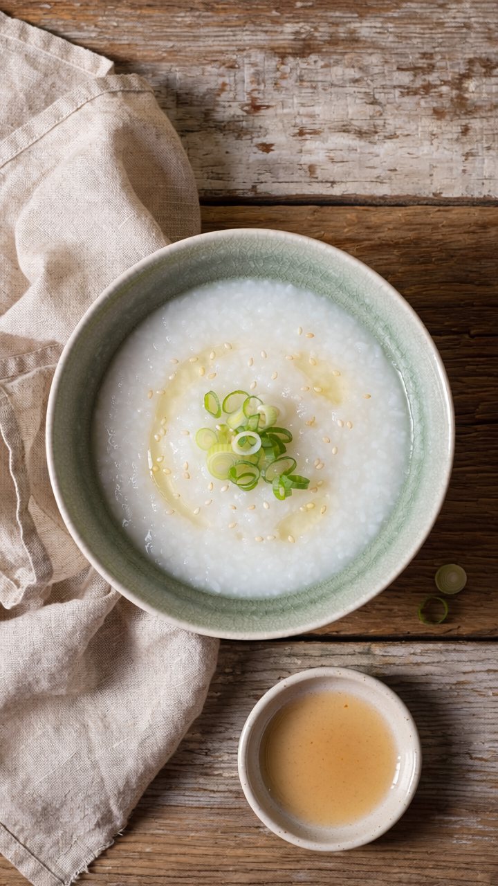Overhead view of a celadon bowl of silky white rice congee topped with sliced spring onion, sesame seeds and a swirl of oil, a small dish of sauce beside it on weathered wood