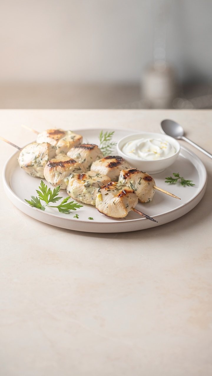 Grilled chicken skewers coated in a herby yogurt marinade on a white plate, with a small bowl of Greek yogurt, a spoon and sprigs of parsley and dill