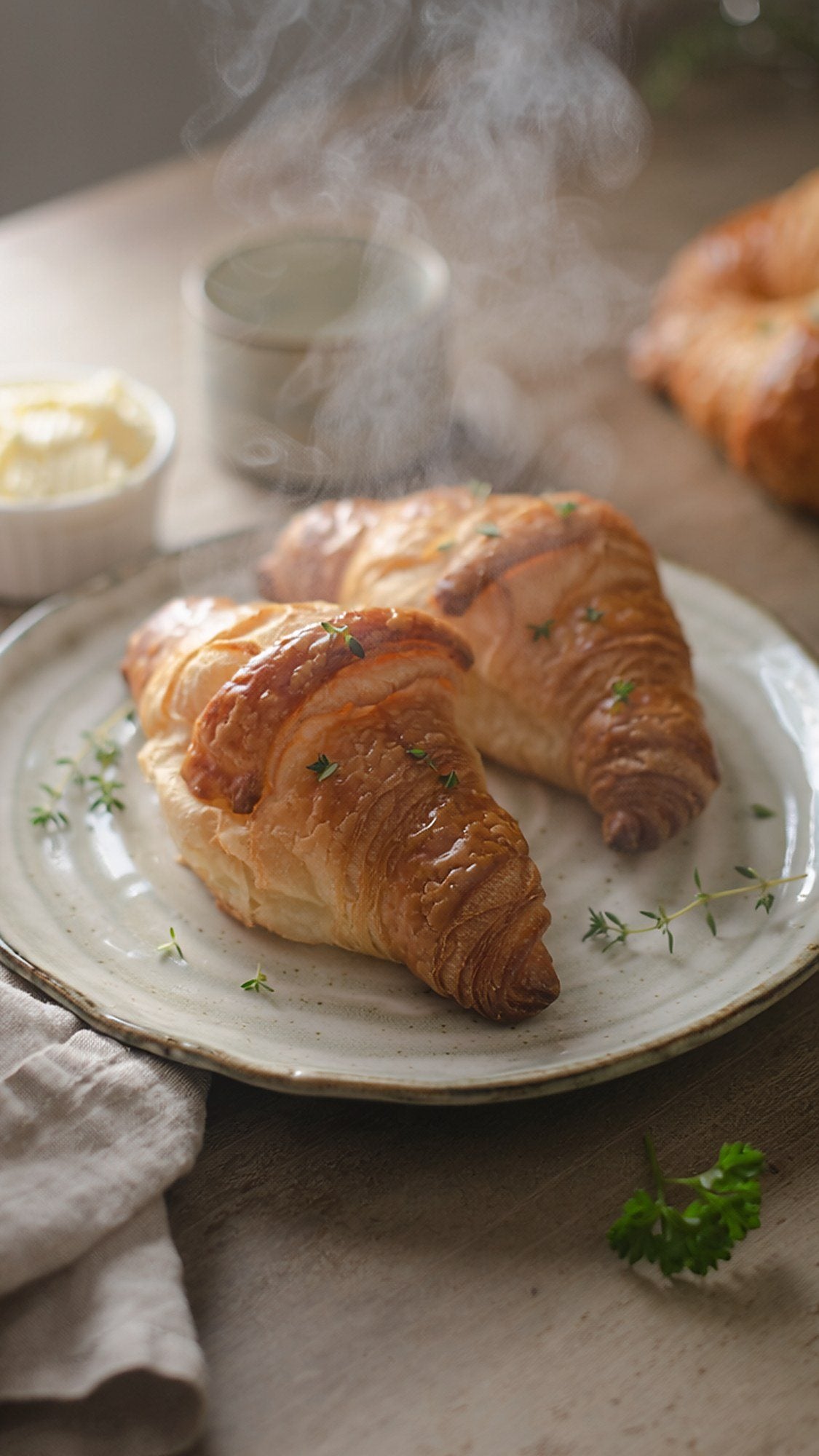 Two glossy golden croissants with visible flaky layers on a speckled ceramic plate, steam rising, with a dish of butter behind