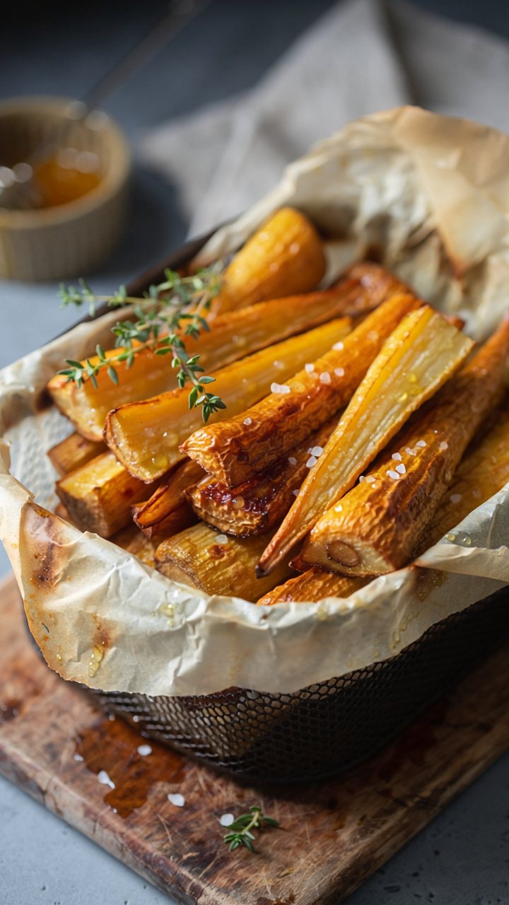 Glossy honey roast parsnips with thyme, sitting on crumpled baking paper inside a mesh air fryer basket