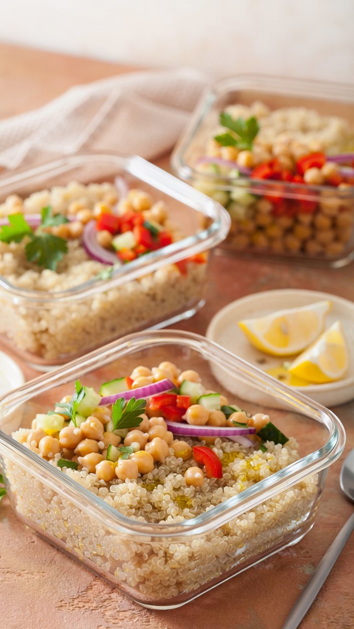 Glass containers of cooked quinoa topped with chickpeas, diced red pepper, cucumber, red onion and parsley, with lemon wedges alongside