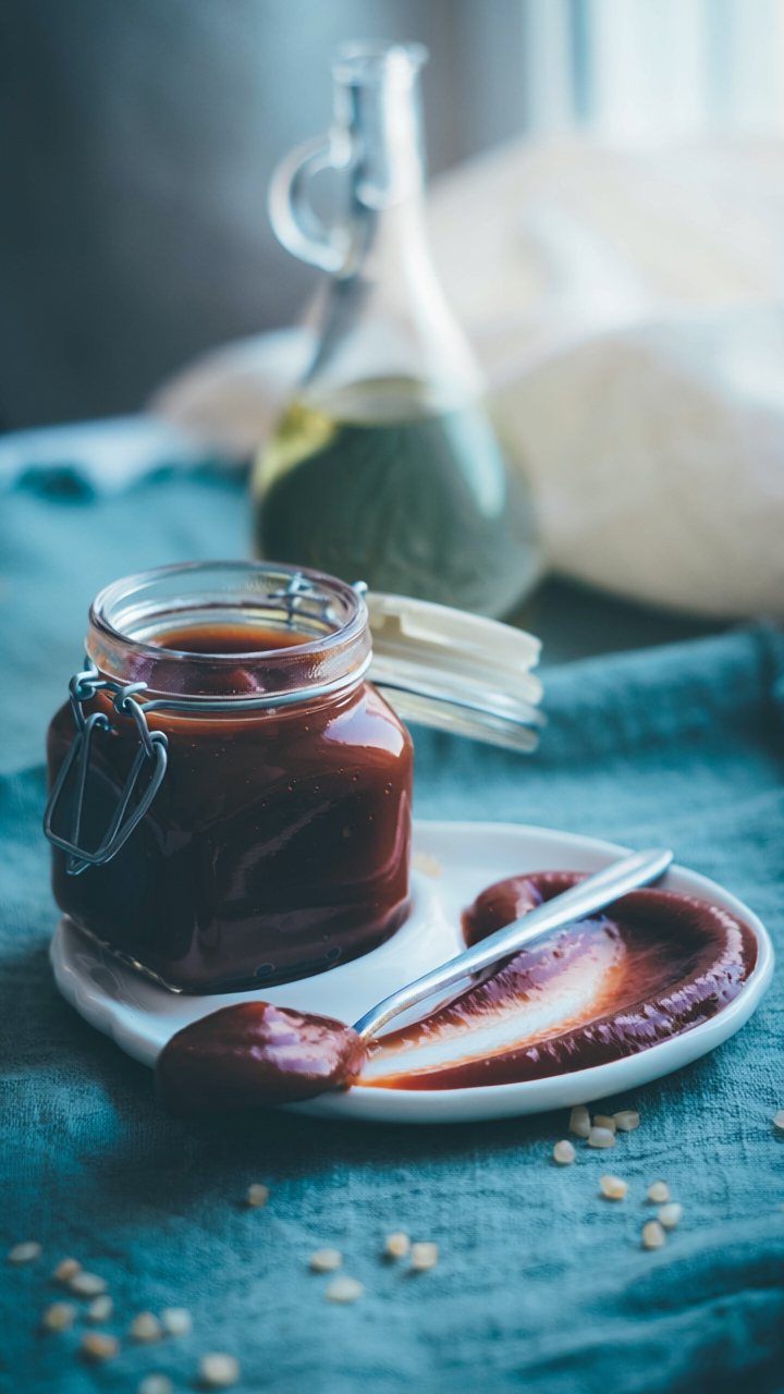 A clip-top glass jar of homemade ketchup on a white plate with a spoonful swept across it, on a blue linen cloth
