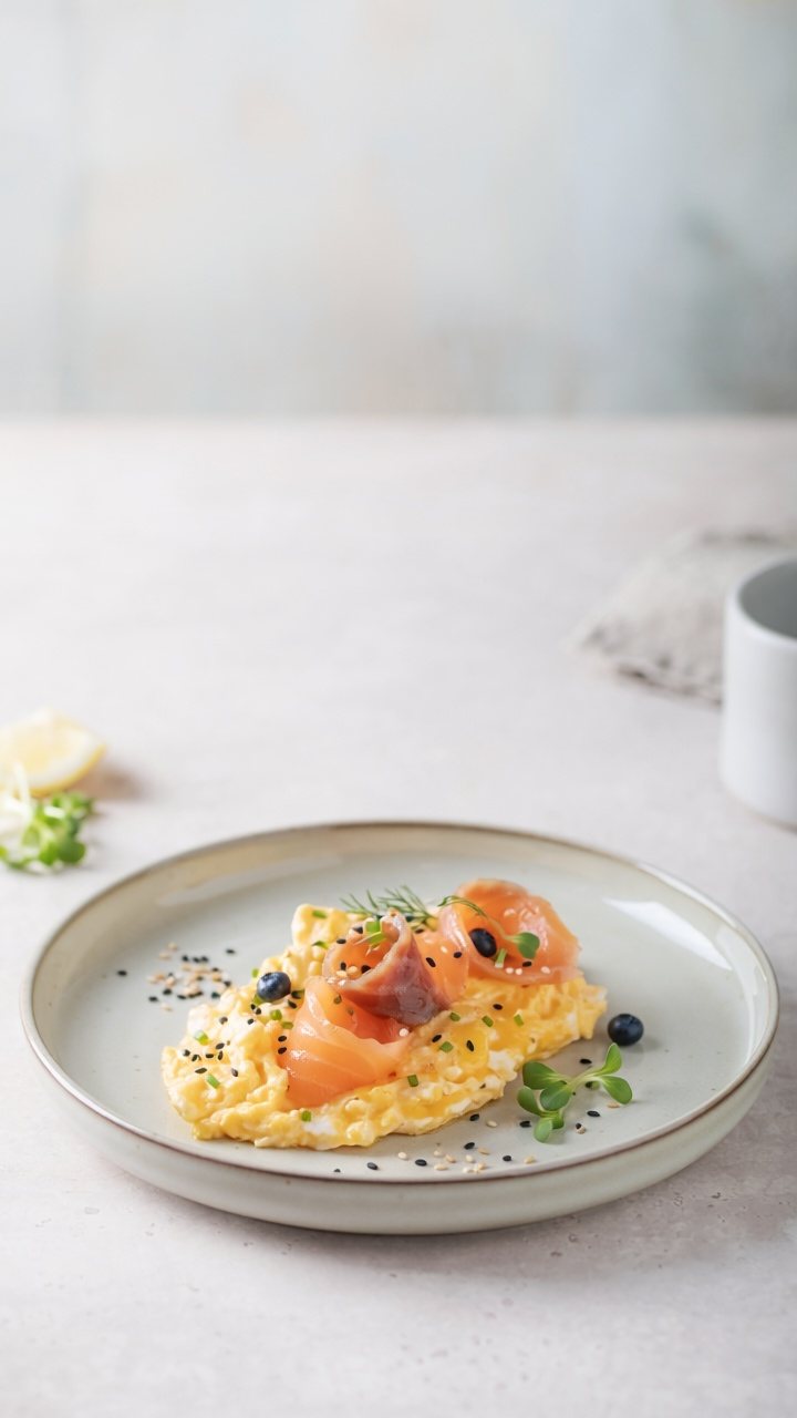 Soft scrambled eggs topped with folded smoked salmon, chives, sesame seeds and microgreens on a pale ceramic plate