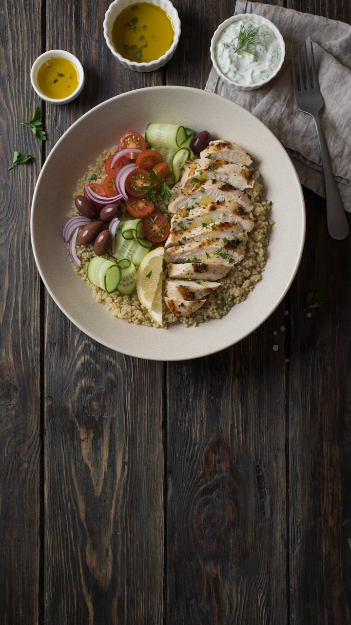 Overhead view of sliced grilled chicken breast on quinoa with cherry tomatoes, cucumber, red onion, olives and a lemon wedge, with olive oil and tzatziki on the side