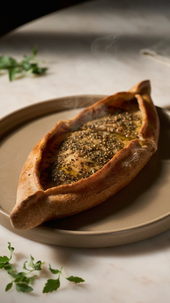 A boat-shaped Turkish pide flatbread with a golden wholewheat crust, filled with za'atar and olive oil, on a stoneware plate with sprigs of fresh herbs