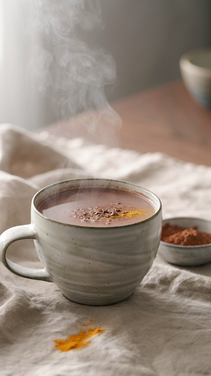 A steaming speckled stoneware cup of hot cacao on a linen cloth, topped with chocolate shavings and a pinch of golden spice, a small bowl of cocoa powder beside it