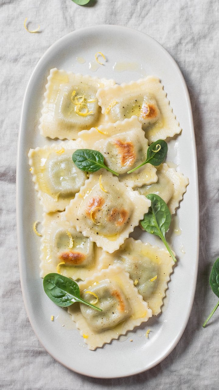 Square ravioli with crimped edges on a long white platter, glossed with butter and scattered with lemon zest, black pepper and baby spinach leaves