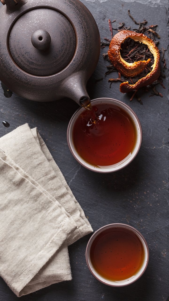 A dark clay teapot pouring reddish-brown pu-erh tea into a small cup on black slate, with a curl of dried tangerine peel, loose tea leaves and a folded linen napkin