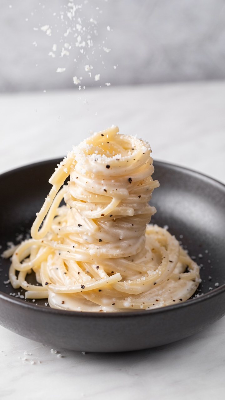 A tall twirl of creamy cacio e pepe spaghetti flecked with black pepper in a dark bowl, grated cheese falling from above