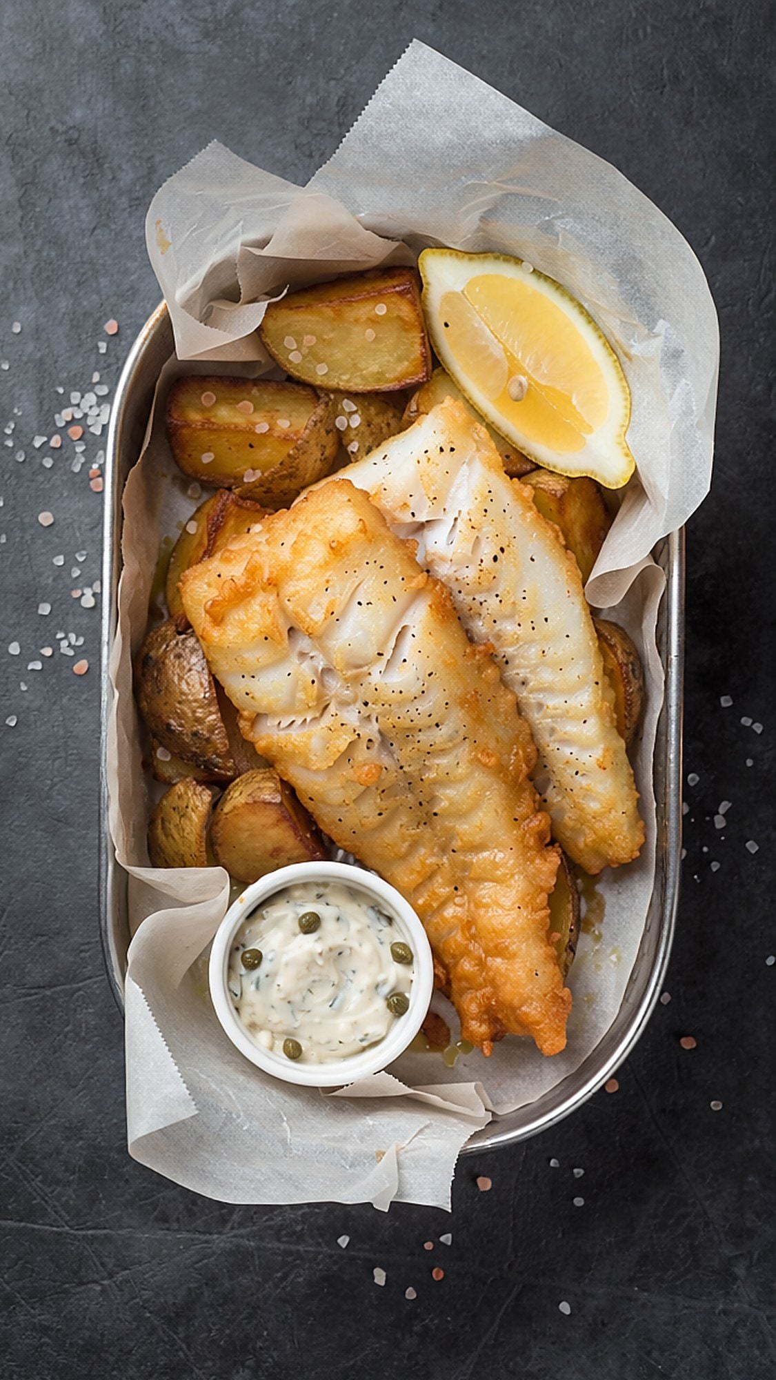 Two golden breaded fish fillets on crisp roast potato chips in a paper-lined metal tray, with a lemon wedge and a pot of tartare sauce with capers, on dark slate