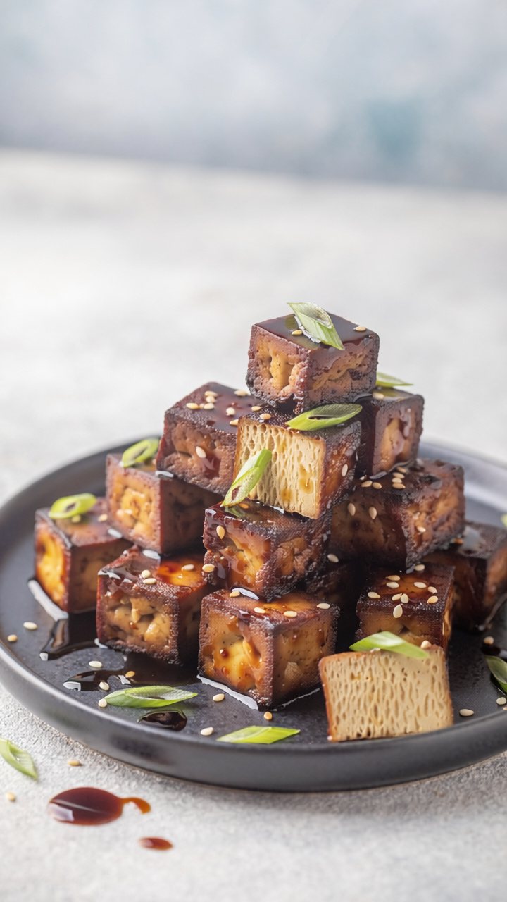 A stack of golden baked tofu cubes lacquered in a dark sticky soy glaze, scattered with sesame seeds and spring onion on a dark plate