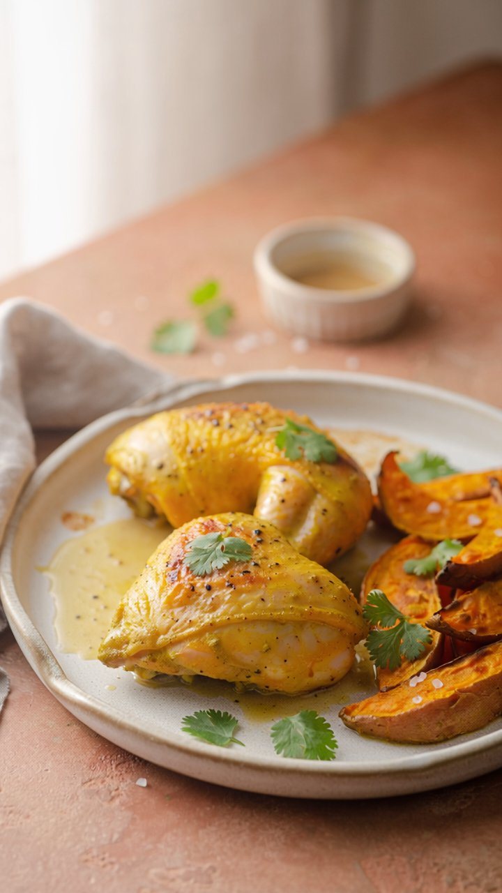 Golden turmeric and ginger roasted chicken thighs with sweet potato wedges and fresh coriander on a pale plate.