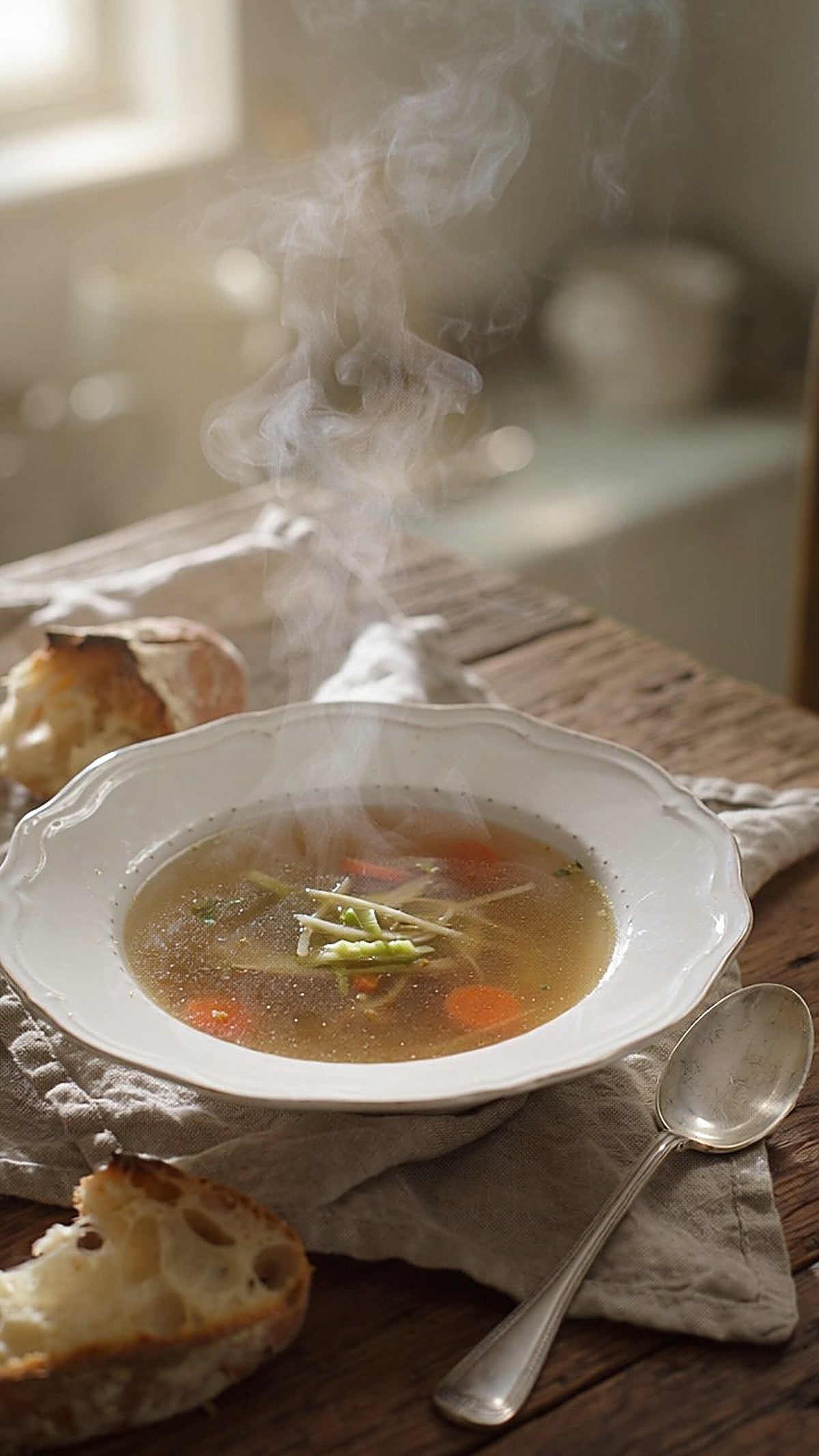 A clear golden consommé with fine strips of vegetable in a white soup plate, with crusty bread and a silver spoon