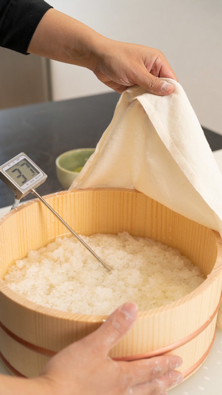 Glossy seasoned sushi rice in a wooden hangiri tub, a hand lifting a cotton cloth and a digital thermometer reading 37 degrees in the rice
