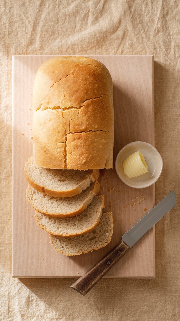 Overhead view of a golden almond flour loaf partly sliced on a wooden board, with a curl of butter and a bread knife