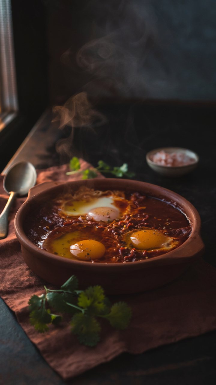 Shakshuka with three eggs baked in a rich tomato and pepper sauce, steaming in a terracotta dish with fresh coriander