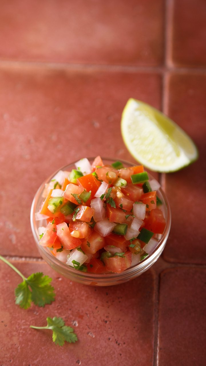 A small glass bowl of finely diced tomato, white onion and green chilli with chopped coriander, a lime wedge beside it on terracotta tiles