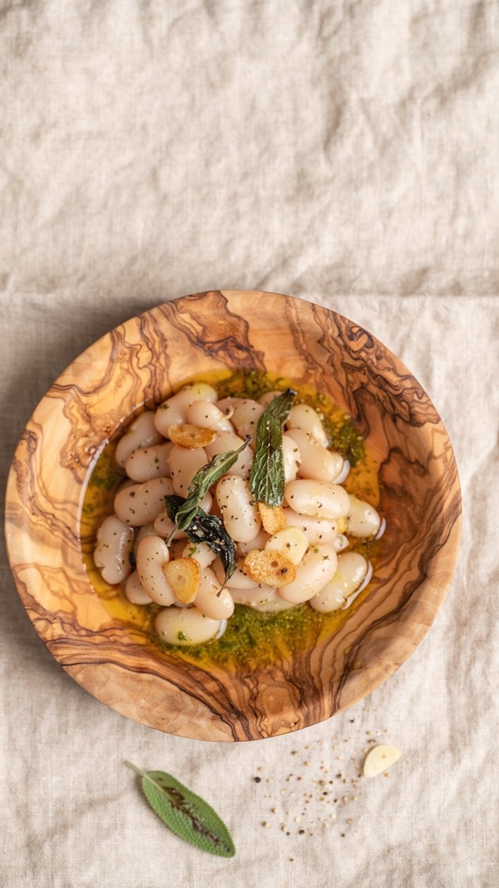 An olive-wood bowl of creamy white beans in green-flecked olive oil, topped with crisp fried sage leaves and golden garlic slices, on a linen cloth