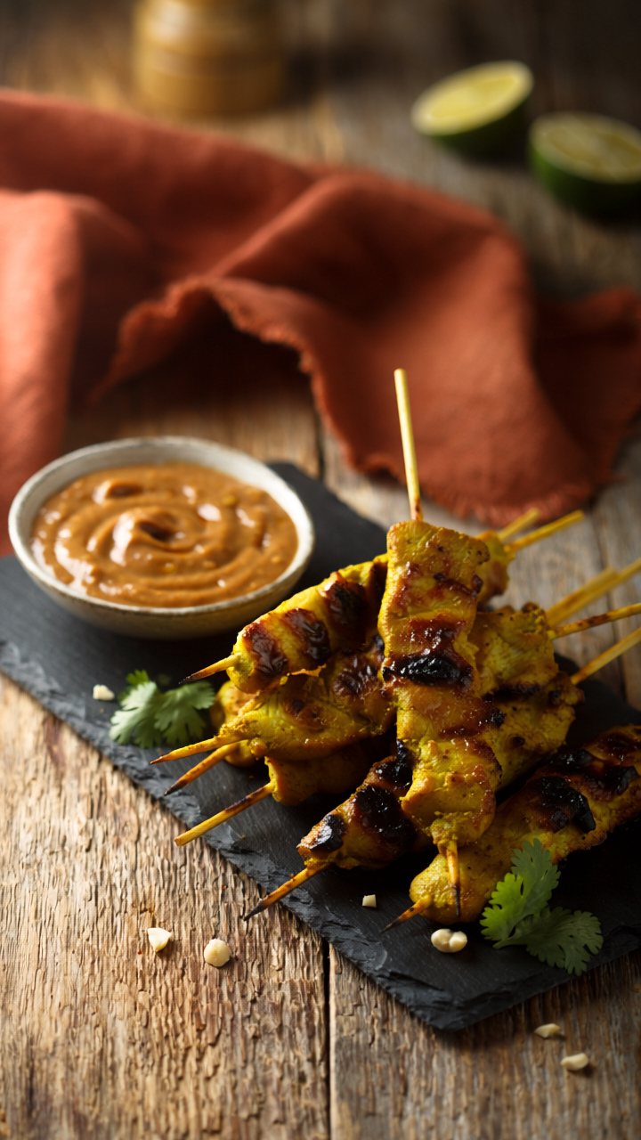 Turmeric-yellow chicken satay skewers with charred edges piled on a slate board, next to a bowl of peanut sauce, coriander leaves and halved limes on a wooden table