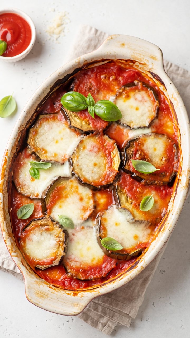 Overhead view of an oval baking dish of aubergine slices baked in tomato sauce under melted cheese, scattered with fresh basil leaves