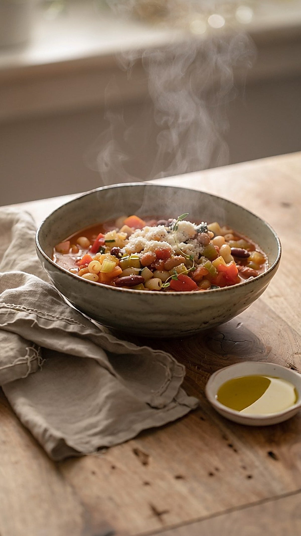 Minestrone with diced vegetables, beans and small pasta in a stoneware bowl, with a dish of olive oil on a wooden table
