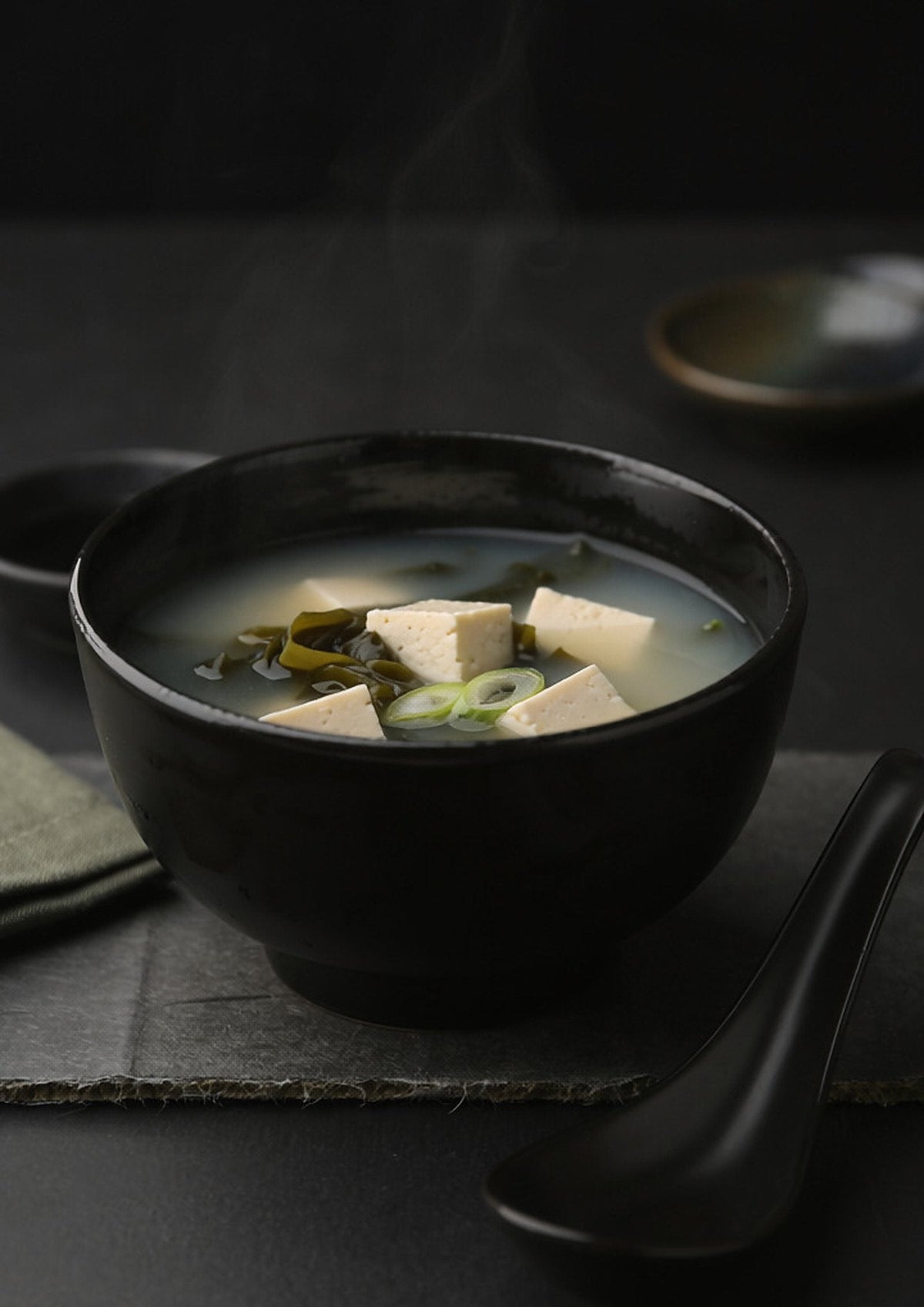 A black bowl of miso soup with cubes of tofu, strands of wakame and sliced spring onion, steam rising, a black spoon beside it