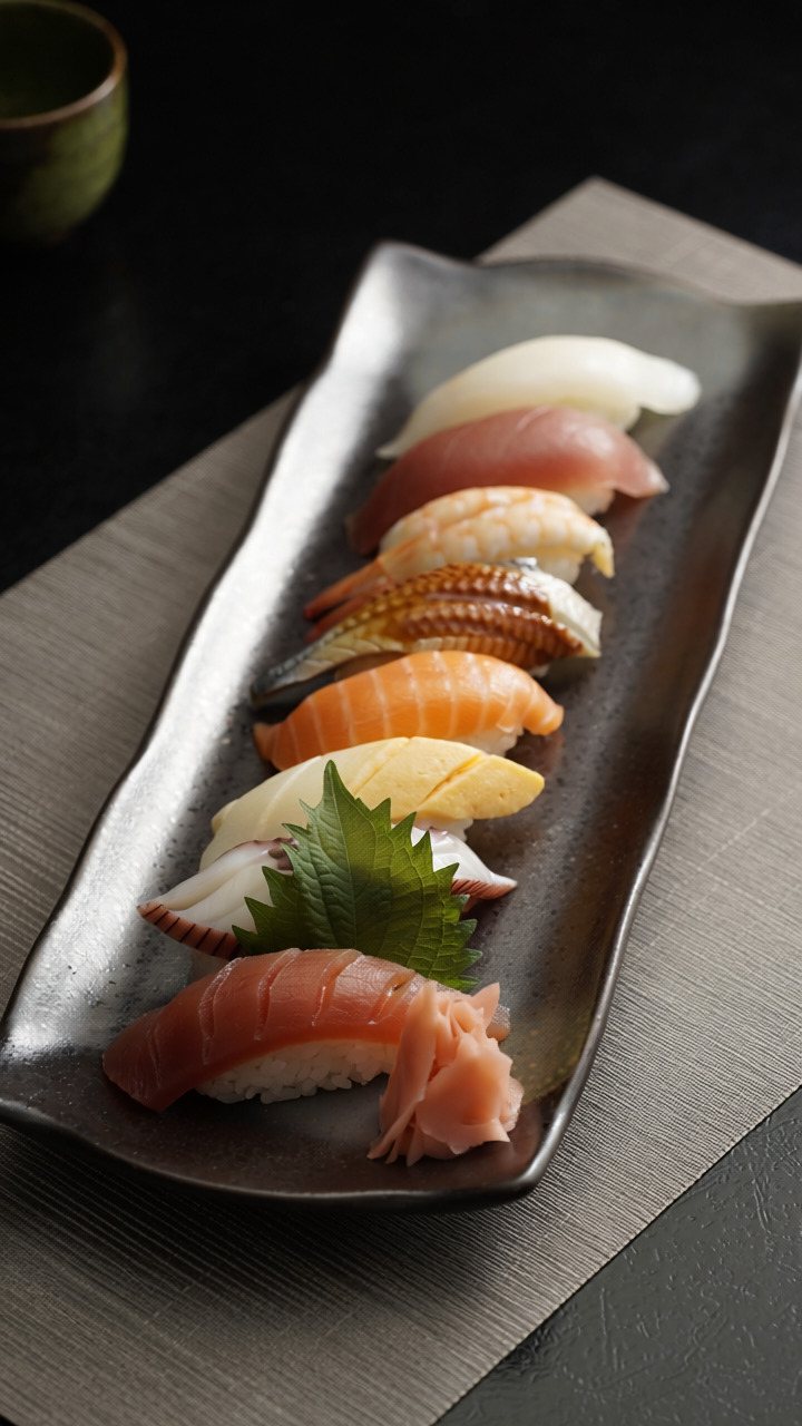 A long dark ceramic plate with a row of nigiri, including tuna, salmon, prawn, eel, sweet omelette and white fish, finished with a shiso leaf and pink pickled ginger