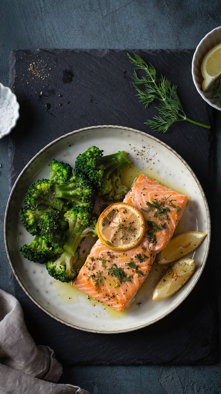 Baked salmon fillet topped with a lemon slice and dill beside steamed broccoli on a speckled plate, on dark slate.