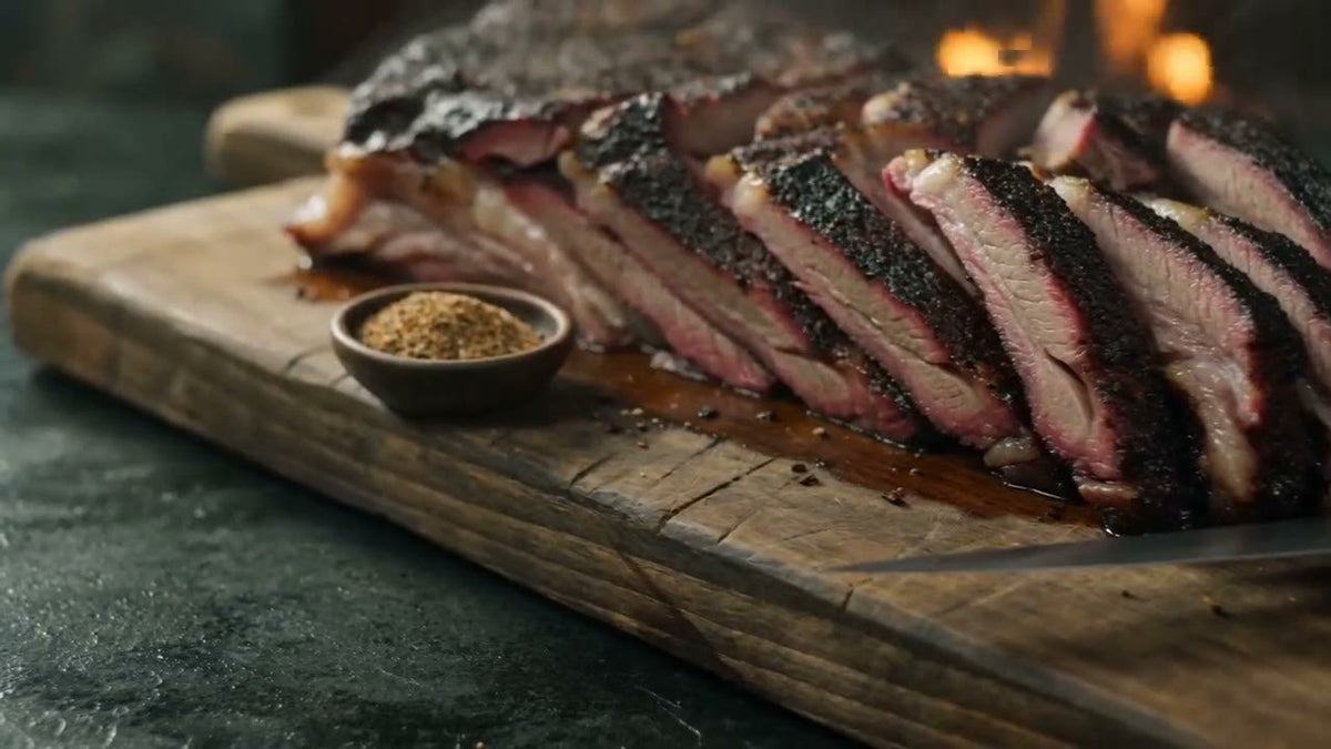 Smoked beef brisket sliced on a worn wooden board, each slice with a black peppery bark and a pink band beneath it, a small bowl of rub beside it and a fire glowing in the background