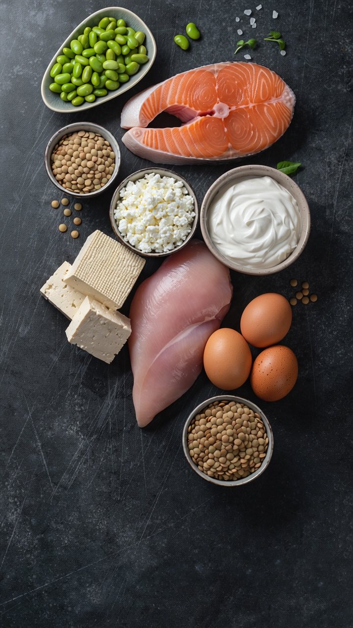 Overhead flat lay on dark slate of a raw chicken breast, a salmon steak, three eggs, blocks of tofu, and bowls of Greek yogurt, cottage cheese, dried lentils and edamame beans