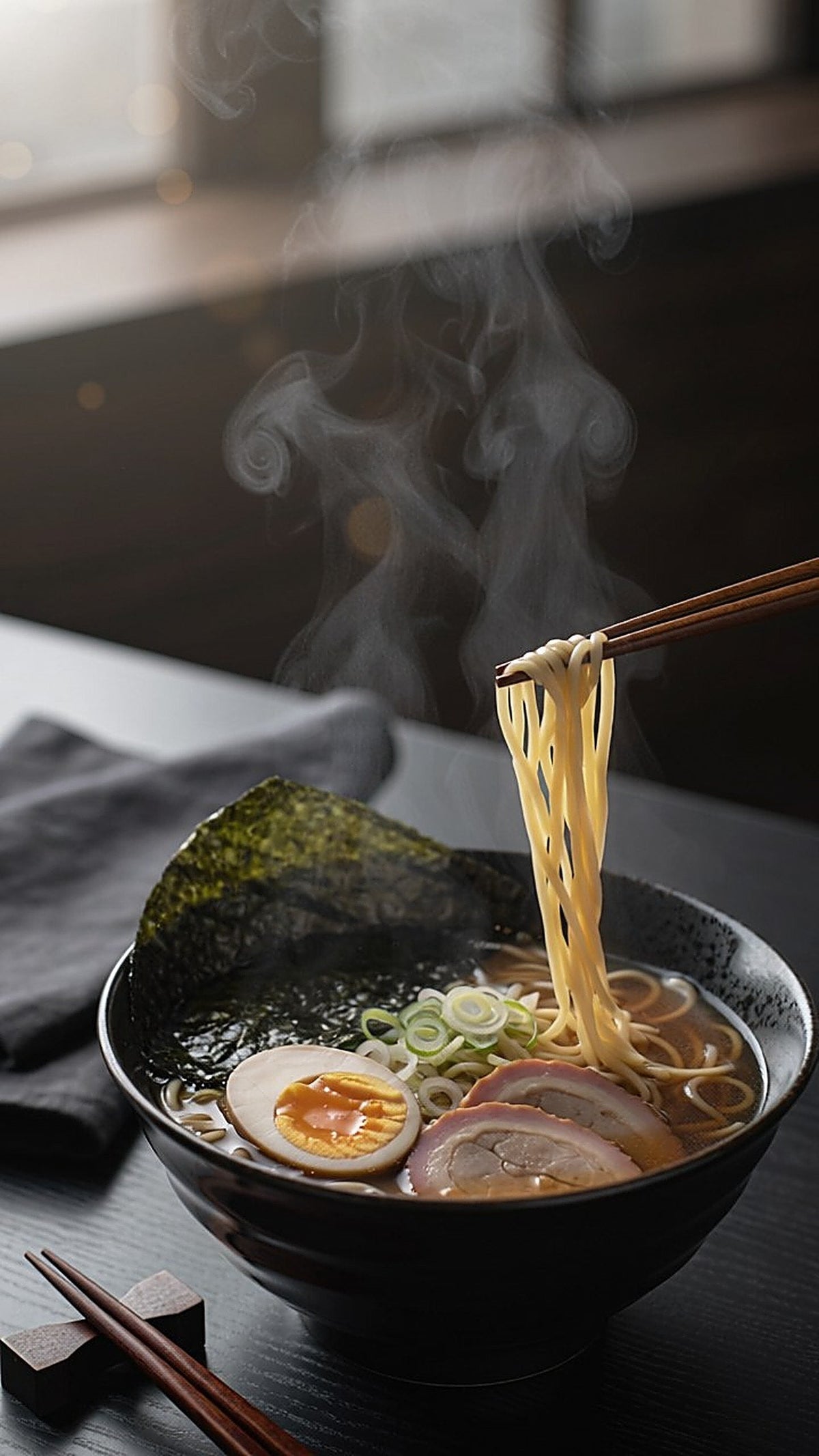 Shoyu ramen in a dark bowl with noodles lifted on chopsticks, a halved soft-boiled egg, sliced pork, nori and spring onion