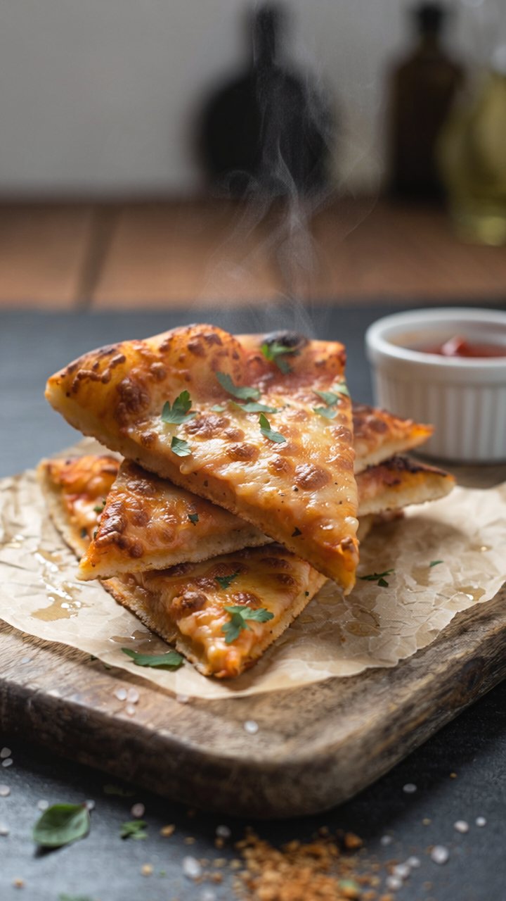 Stacked slices of reheated pizza with a crisp, golden base on baking paper and a wooden board, with a small pot of sauce