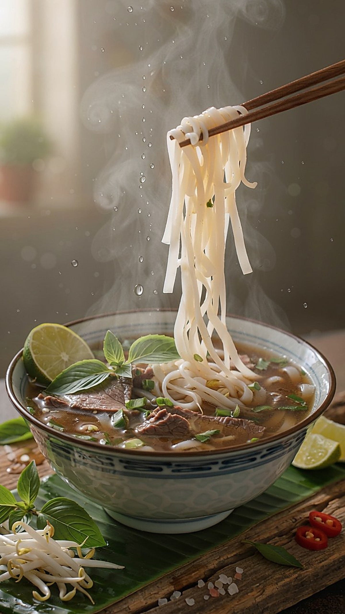 Pho with rice noodles lifted on chopsticks above a bowl of beef broth, with lime wedges, basil and beansprouts