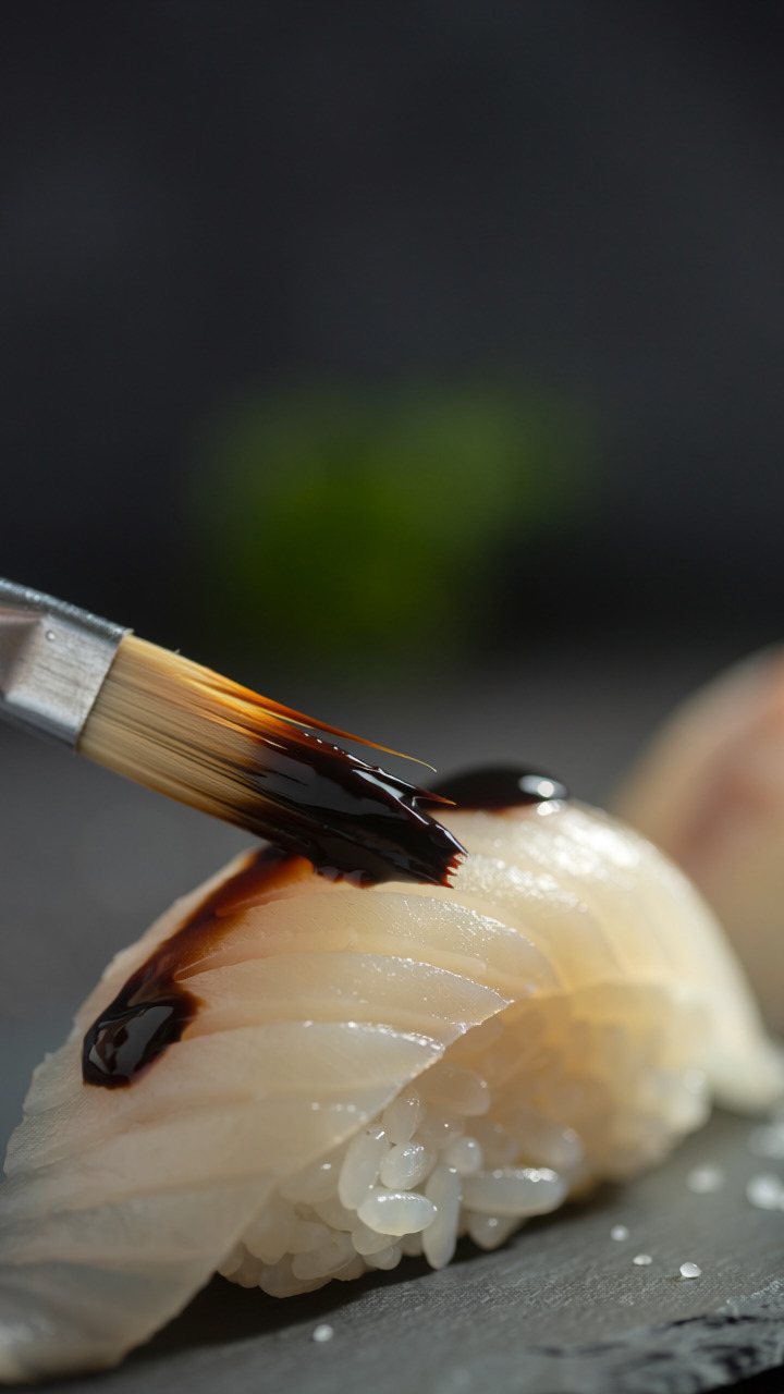 A small brush laying a glossy stroke of dark soy-based nikiri onto a piece of white fish nigiri