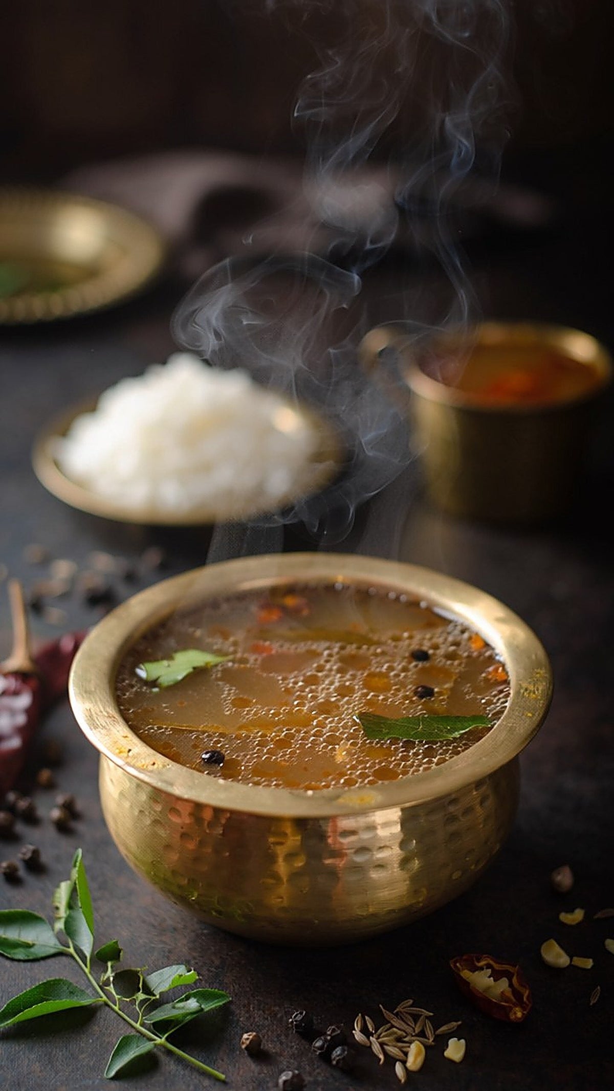 Steaming brass bowl of peppery South Indian rasam with curry leaves, surrounded by black peppercorns, cumin seeds and dried red chillies, with rice behind.