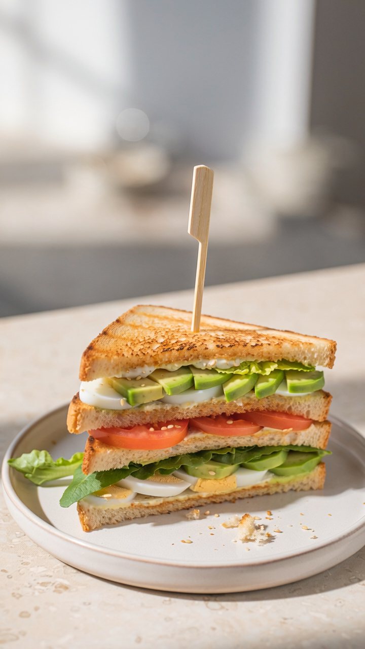 A tall triple-decker club sandwich of toasted bread layered with sliced egg, avocado, tomato and lettuce, held with a wooden pick on a white plate