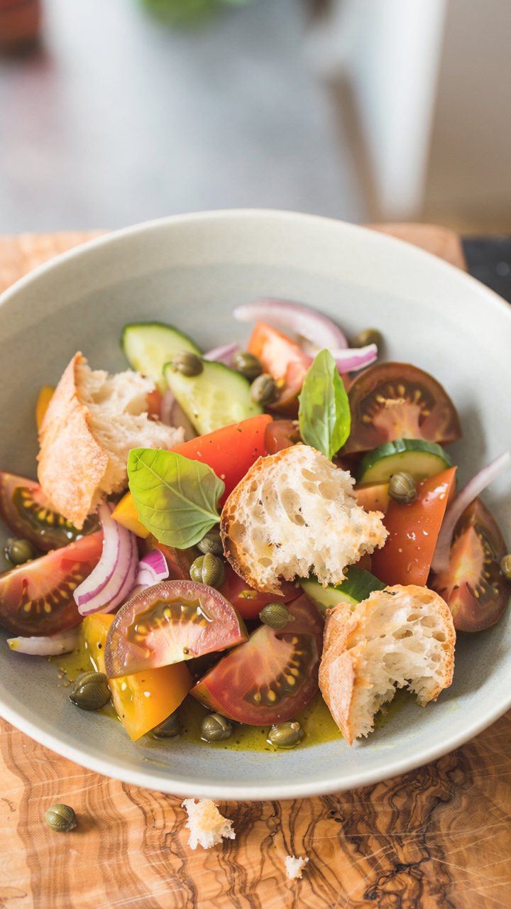 Panzanella of red, yellow and dark heirloom tomatoes with torn bread, cucumber, red onion, capers and basil in a grey bowl