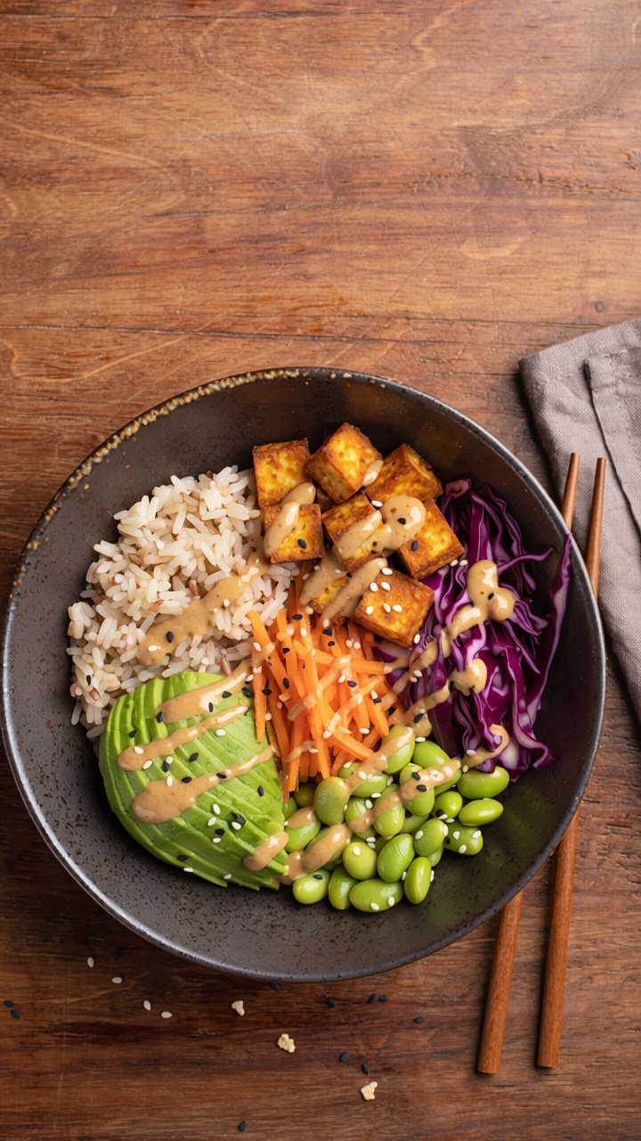 Overhead view of a dark bowl with brown rice, crisp golden tofu cubes, shredded carrot, red cabbage, edamame and sliced avocado, drizzled with peanut sauce